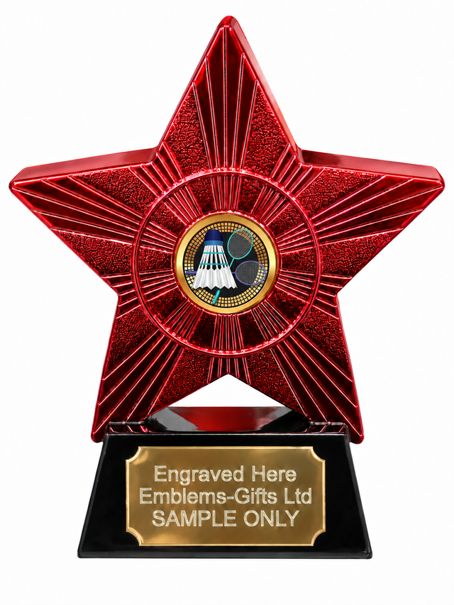 Red Superstar Badminton Rackets Resin Trophy 140 x 125mm (A2) with small Badminton Rackets centre