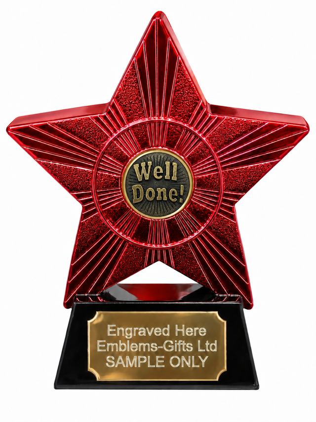 Red Superstar Well Done Bronze Resin Trophy 140 x 125mm (A2) with small Well Done Bronze centre