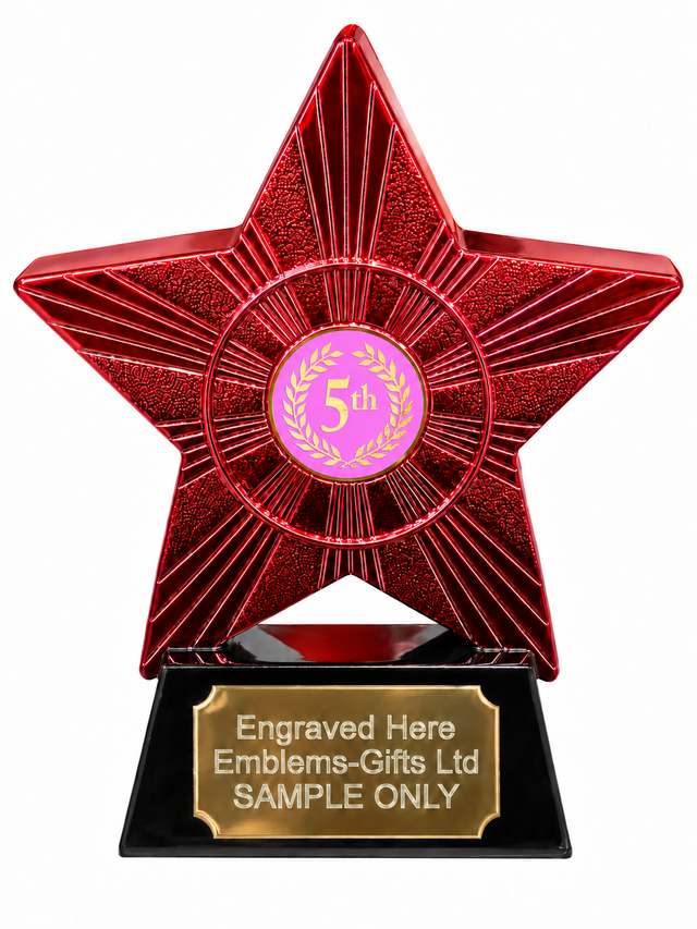 Red Superstar 5th Place Pink Resin Trophy 140 x 125mm (A2) with small 5th Place Pink centre
