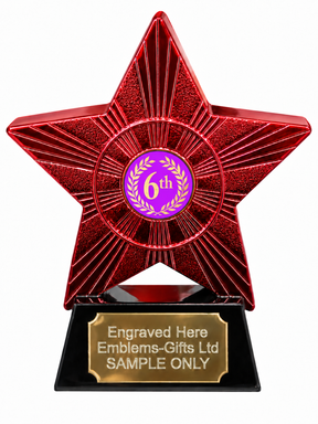 Red Superstar 6th Place Purple Resin Trophy 140 x 125mm (A2) with small 6th Place Purple centre