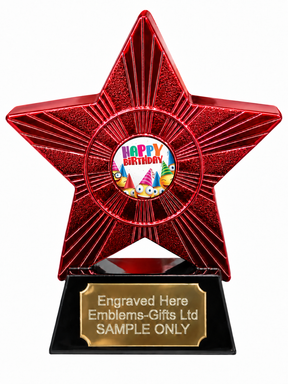 Red Superstar Happy Birthday Grinning Resin Trophy 140 x 125mm (A2) with small Happy Birthday Grinning centre