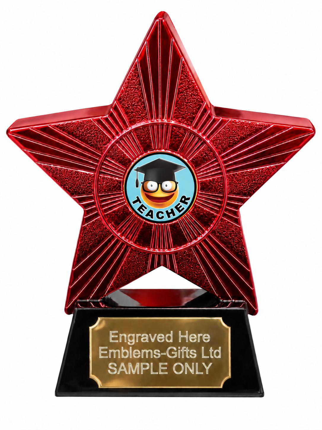 Red Superstar Teacher Grinning Resin Trophy 140 x 125mm (A2) with small Teacher Grinning centre
