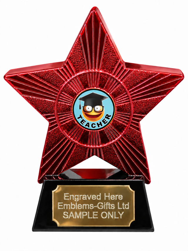 Red Superstar Teacher Grinning Resin Trophy 140 x 125mm (A2) with small Teacher Grinning centre