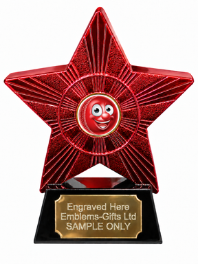 Red Superstar Cricket Ball Grinning Resin Trophy 140 x 125mm (A2) with small cricket ball grinning centre