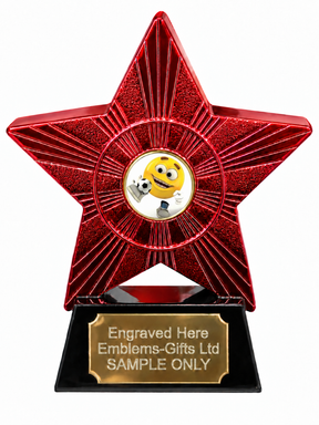 Red Superstar Football Grinning Resin Trophy 140 x 125mm (A2) with small football grinning centre