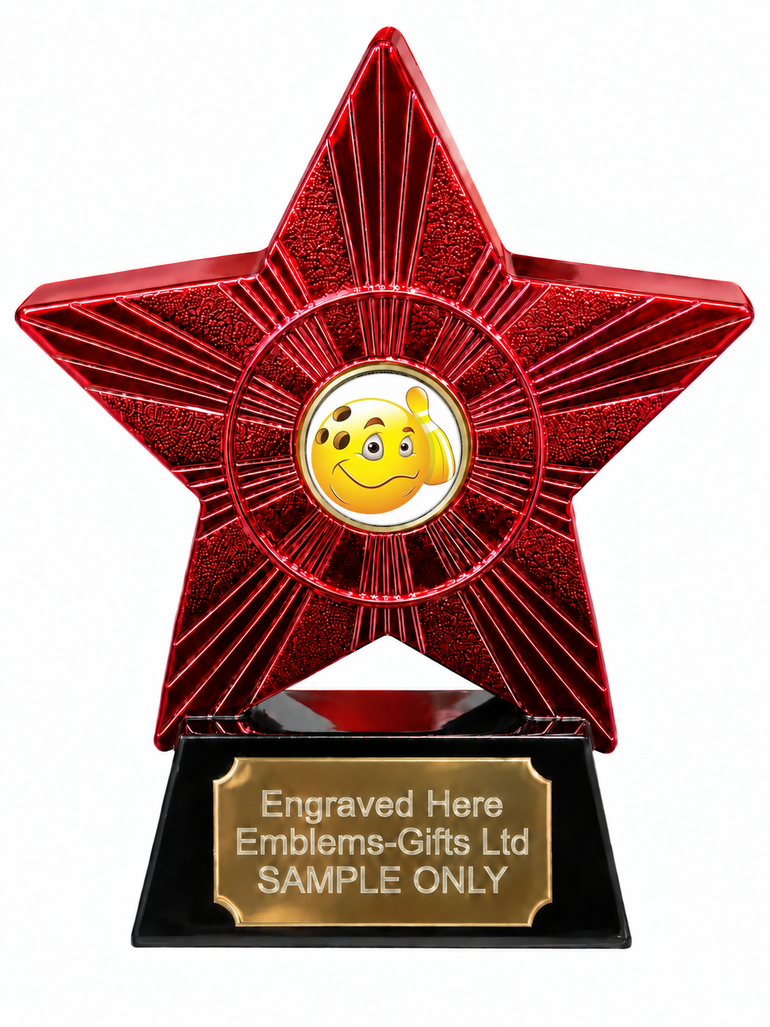 Red Superstar Ten Pin Bowling Grinning Resin Trophy 140 x 125mm (A2) with small ten pin bowling grinning centre