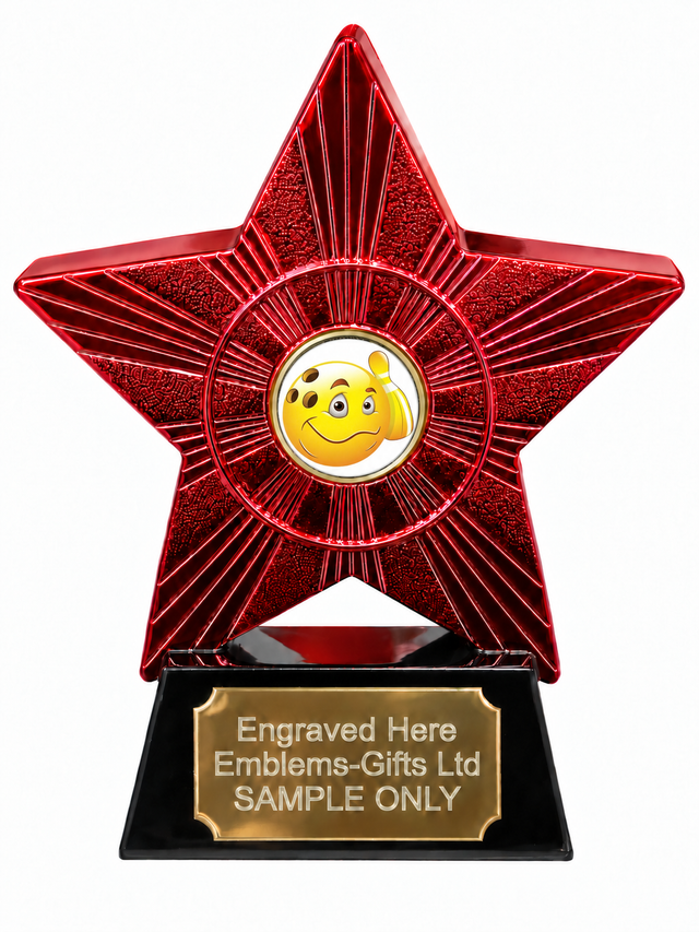 Red Superstar Ten Pin Bowling Grinning Resin Trophy 140 x 125mm (A2) with small ten pin bowling grinning centre