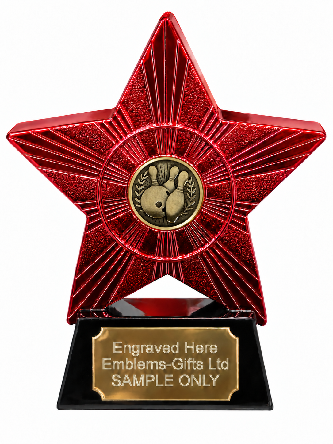 Red Superstar Ten Pin Bowling Bronze Resin Trophy 140 x 125mm (A2) with small ten pin bowling bronze centre