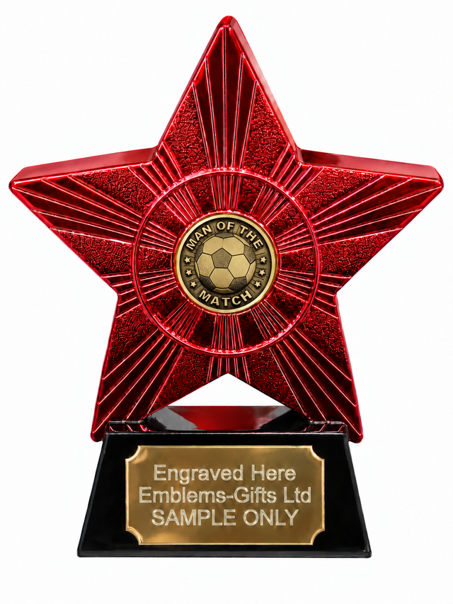 Red Superstar Man of the Match Bronze Resin Trophy 140 x 125mm (A2) with small man of the match bronze centre