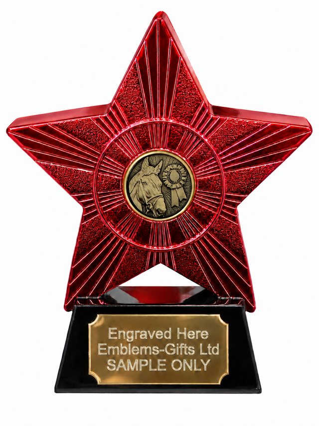 Red Superstar Equestrian Horse Bronze Resin Trophy 140 x 125mm (A2) with small equestrian horse bronze centre