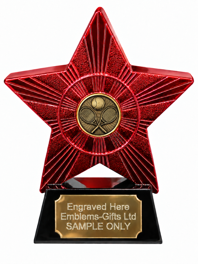 Red Superstar Tennis Bronze Resin Trophy 140 x 125mm (A2) with small tennis bronze centre