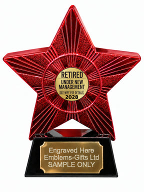 Red Superstar Retired Under New Management 2028 Resin Trophy 140 x 125mm (A27)