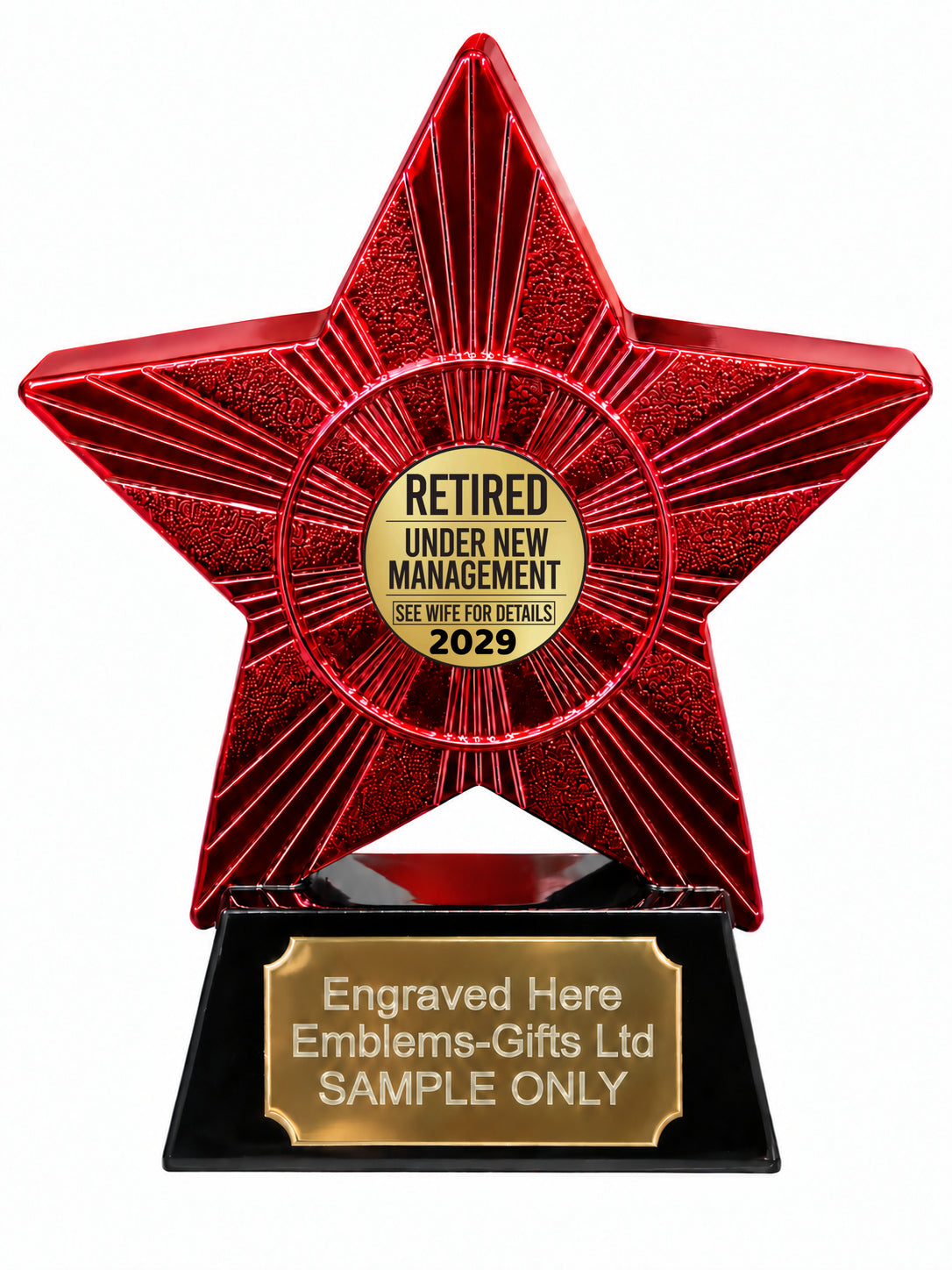 Red Superstar Retired Under New Management 2029 Resin Trophy 140 x 125mm (A27)