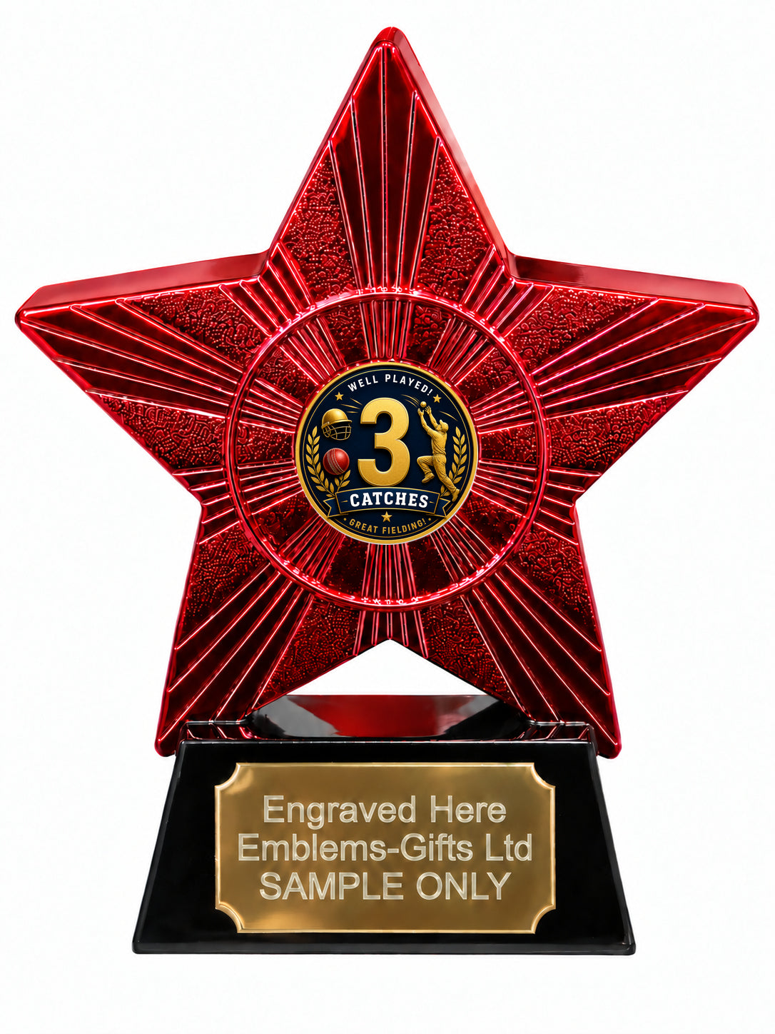Red Superstar Cricket 3 Catches Resin Trophy 140 x 125mm (A29)
