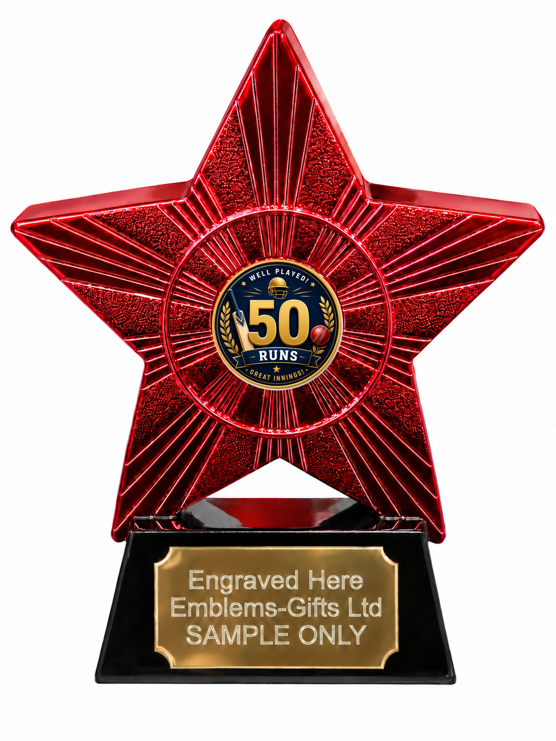Red Superstar Cricket 50 Runs Resin Trophy 140 x 125mm (A29)