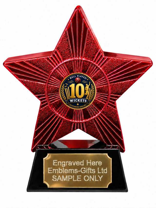 Red Superstar Cricket 10 Wickets Resin Trophy 140 x 125mm (A29)