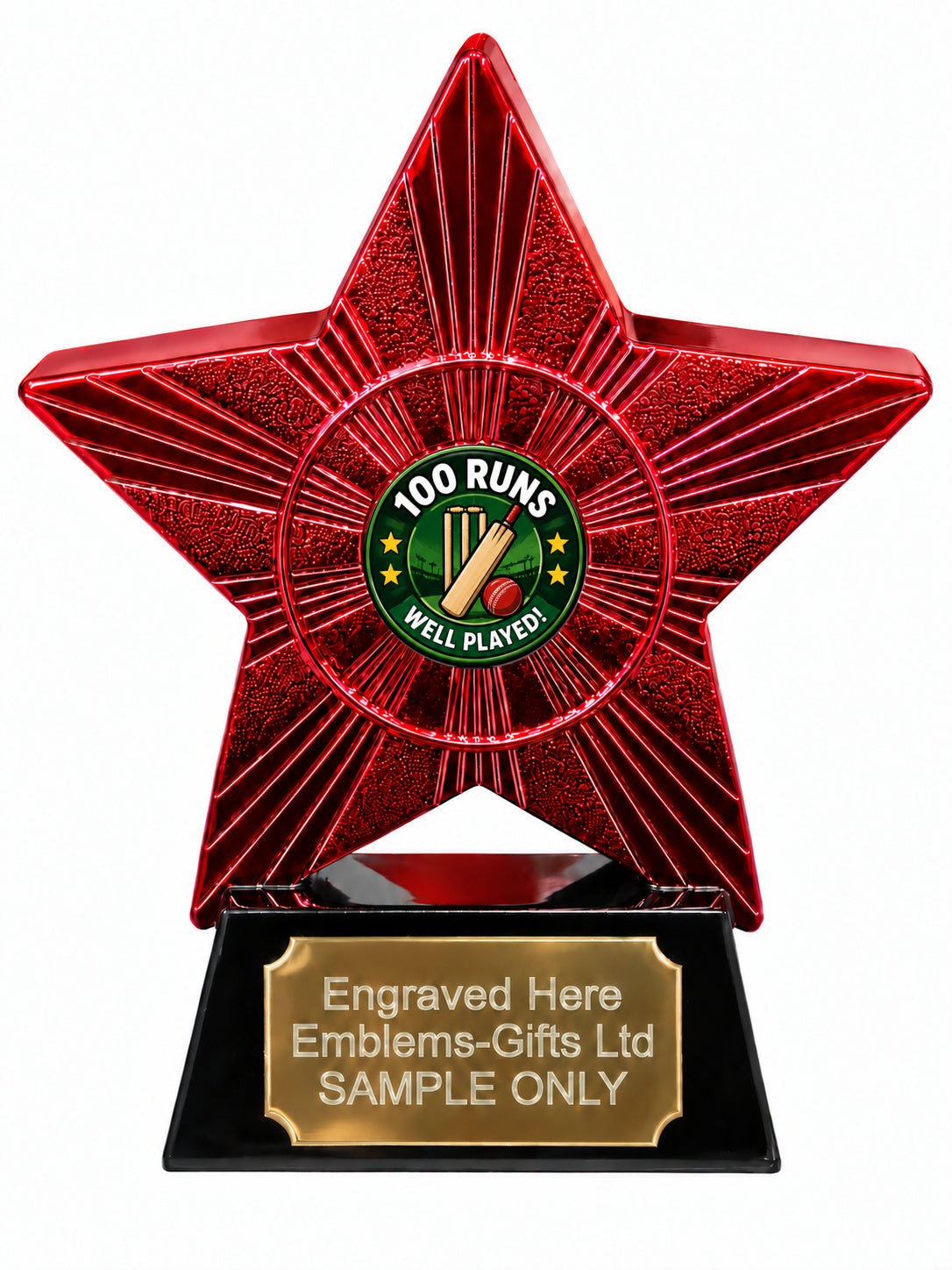 Red Superstar Cricket 100 Runs Green Resin Trophy 140 x 125mm (A30)