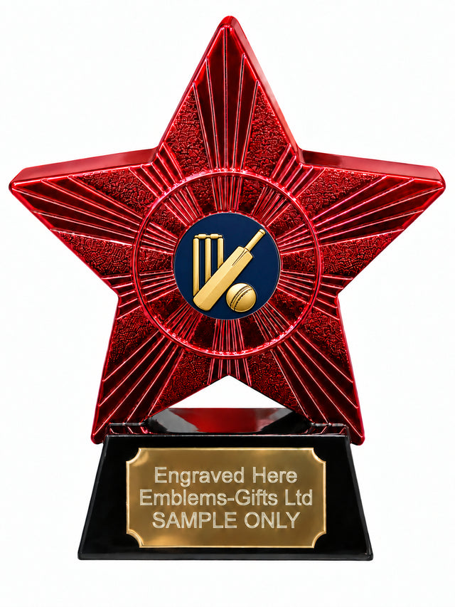 Red Superstar Cricket Gold and Navy Resin Trophy 140 x 125mm (A31)