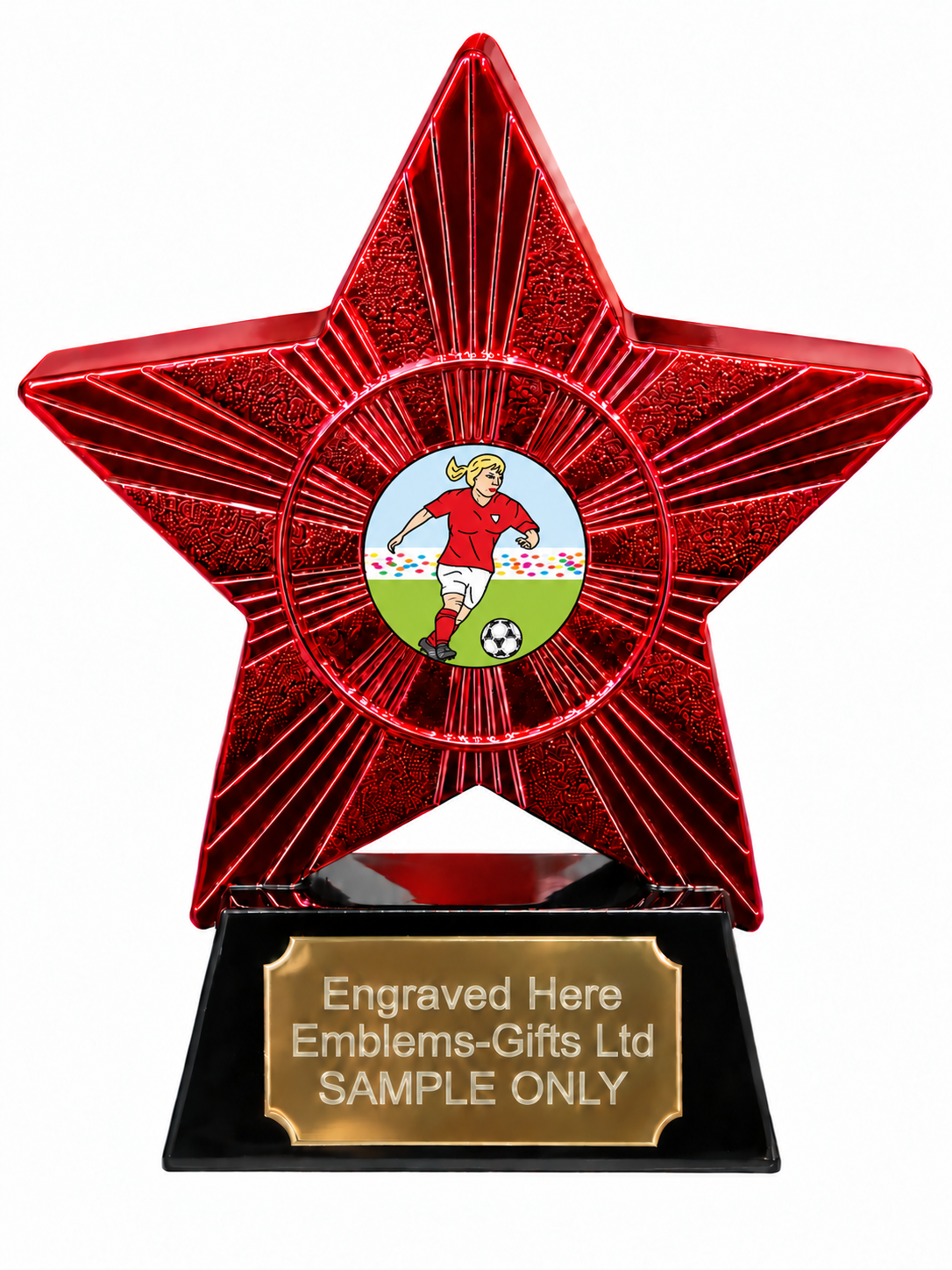 Red Superstar Female Footballer Resin Trophy 140 x 125mm (A4)