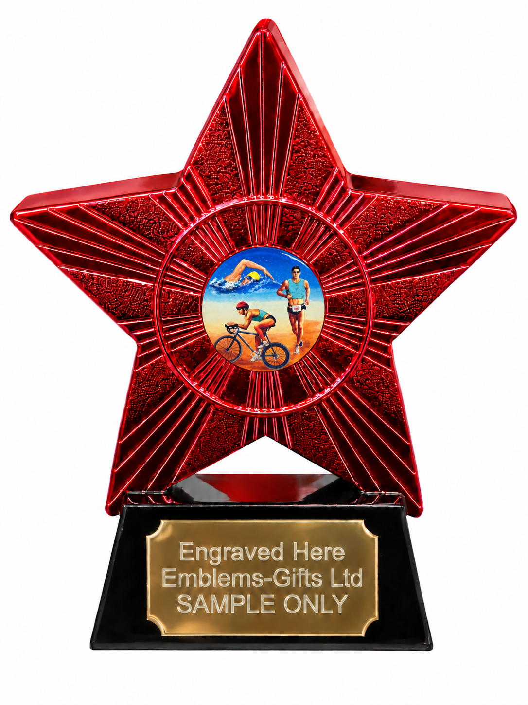Red Superstar Triathlon Swim Cycle Run Resin Trophy 140 x 125mm (A4)