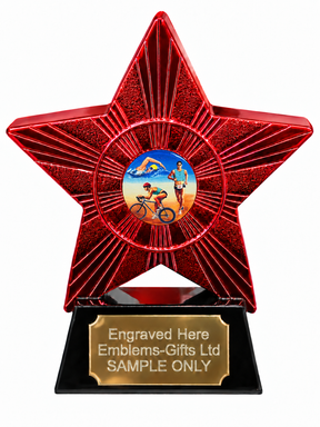 Red Superstar Triathlon Swim Cycle Run Resin Trophy 140 x 125mm (A4)
