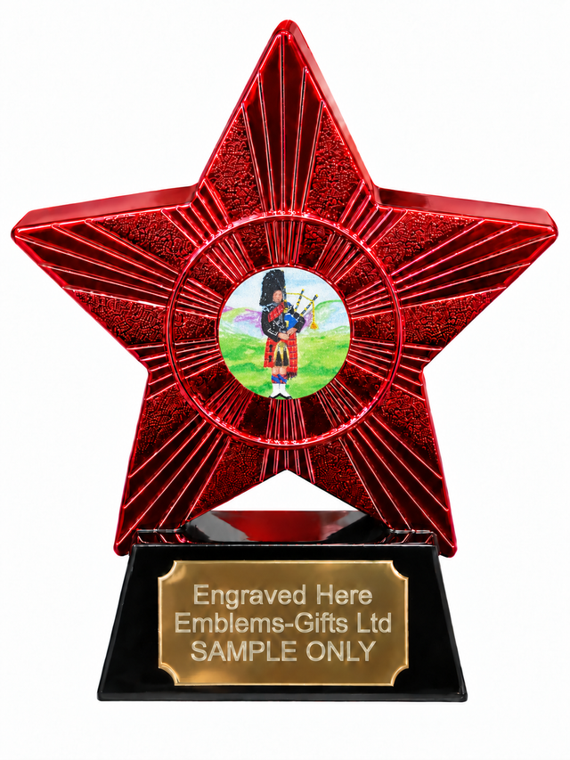 Red Superstar Scottish Bagpiper Resin Trophy 140 x 125mm (A4)