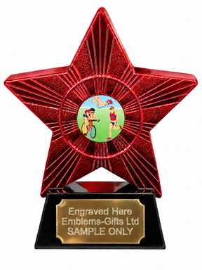 Red Superstar Triathlon Swim Cycle Run Red Kit Resin Trophy 140 x 125mm (A4)