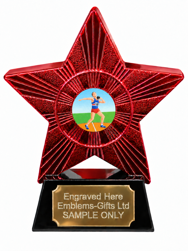 Red Superstar Male Shot Put Athlete Resin Trophy 140 x 125mm (A4)