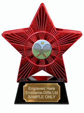 Red Superstar Crossed Tennis Rackets trophy with original centre design in the small inner circle