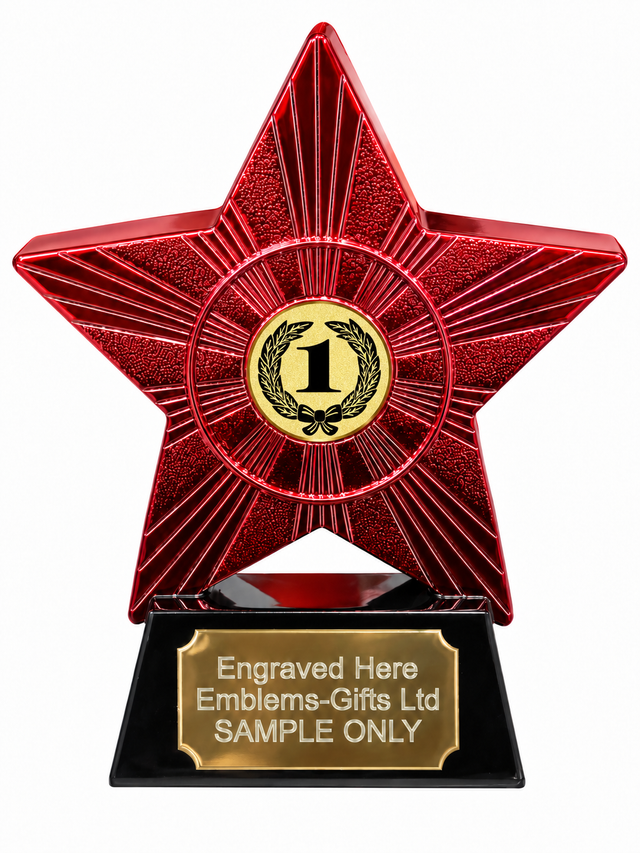 Red Superstar 1st Place Laurel Resin Trophy 140 x 125mm (A1) with 1st Place Laurel centre and sample engraving