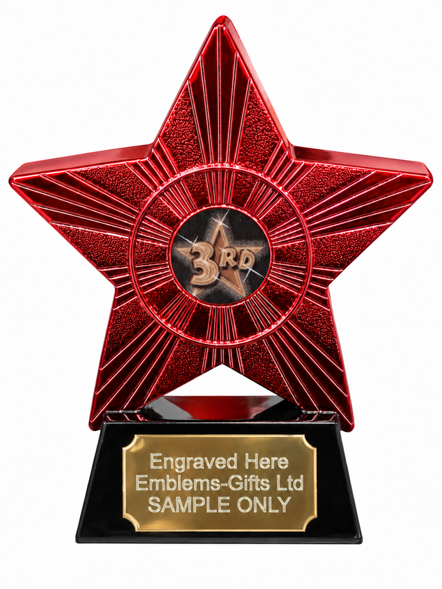 Red Superstar 3rd Place Star Resin Trophy 140 x 125mm (A1) with 3rd Place Star centre and sample engraving