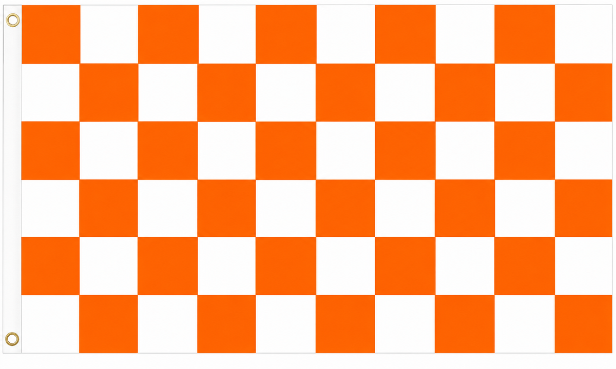 Tangerine orange and white chequered flag, 5ft x 3ft