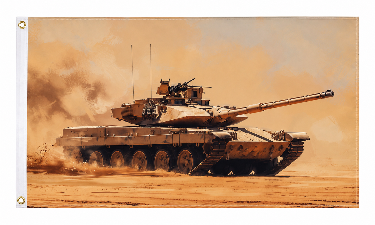 Tank flag featuring a tank in a sandy desert scene, 5ft x 3ft