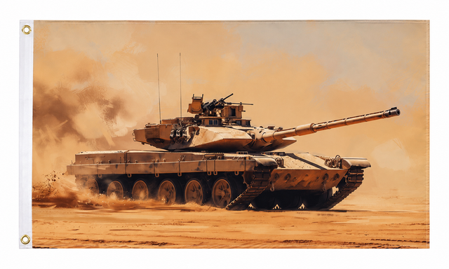 Tank flag featuring a tank in a sandy desert scene, 5ft x 3ft
