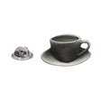 Pewter teacup and saucer lapel pin badge with butterfly clutch fastening