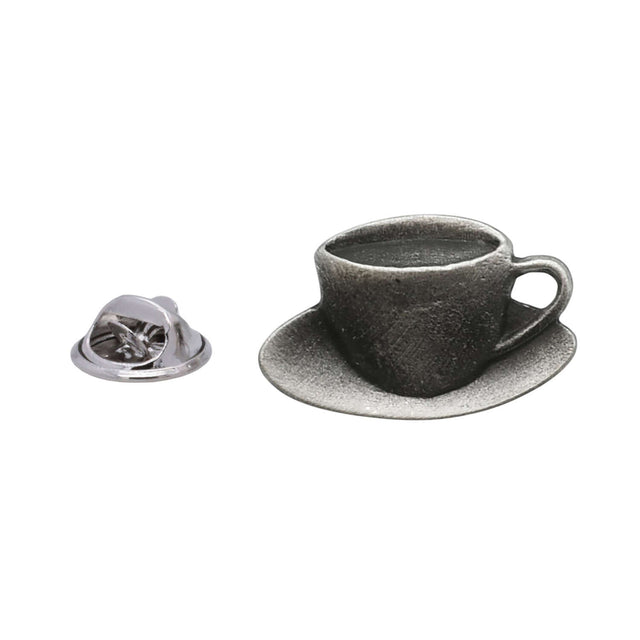 Pewter teacup and saucer lapel pin badge with butterfly clutch fastening