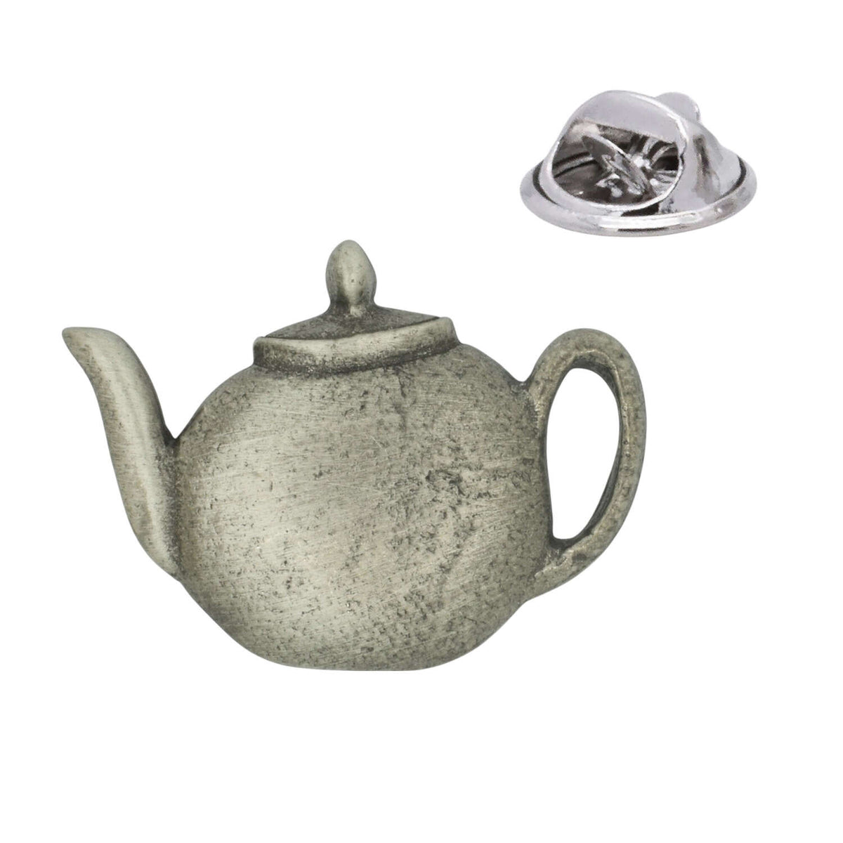 Antique silver tone teapot pewter lapel pin badge with butterfly clutch fastening