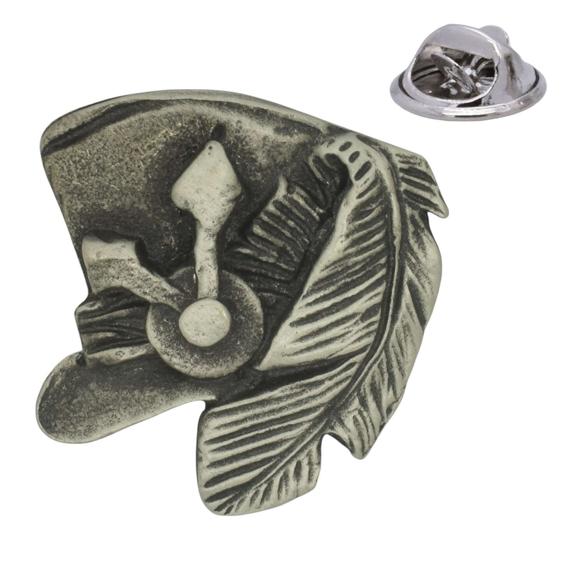 Decorative top hat pewter lapel pin badge with feather and vintage-style details, butterfly clutch fastening