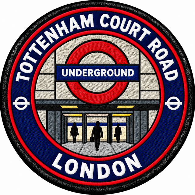 Round 80mm embroidered patch showing a stylised station entrance with an Underground roundel, people and TOTTENHAM COURT ROAD lettering, finished with a black border.