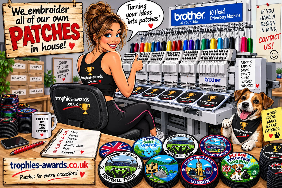 Illustrated trophies-awards.co.uk embroidery workshop with a woman, dog, embroidery machines and patches