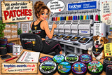 Illustrated trophies-awards.co.uk embroidery workshop with a woman, dog, embroidery machines and patches