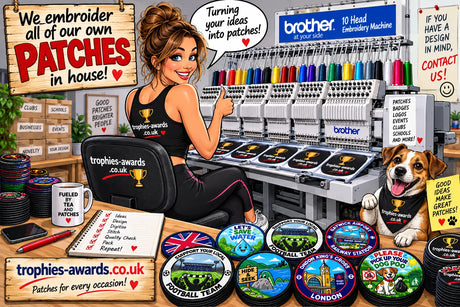 Illustrated trophies-awards.co.uk embroidery workshop with a woman, dog, embroidery machines and patches