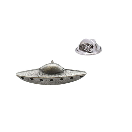 Flying saucer UFO pewter lapel pin badge with domed top and butterfly clutch fastening