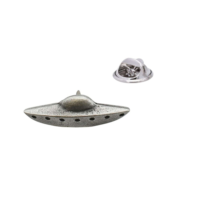 Flying saucer UFO pewter lapel pin badge with domed top and butterfly clutch fastening