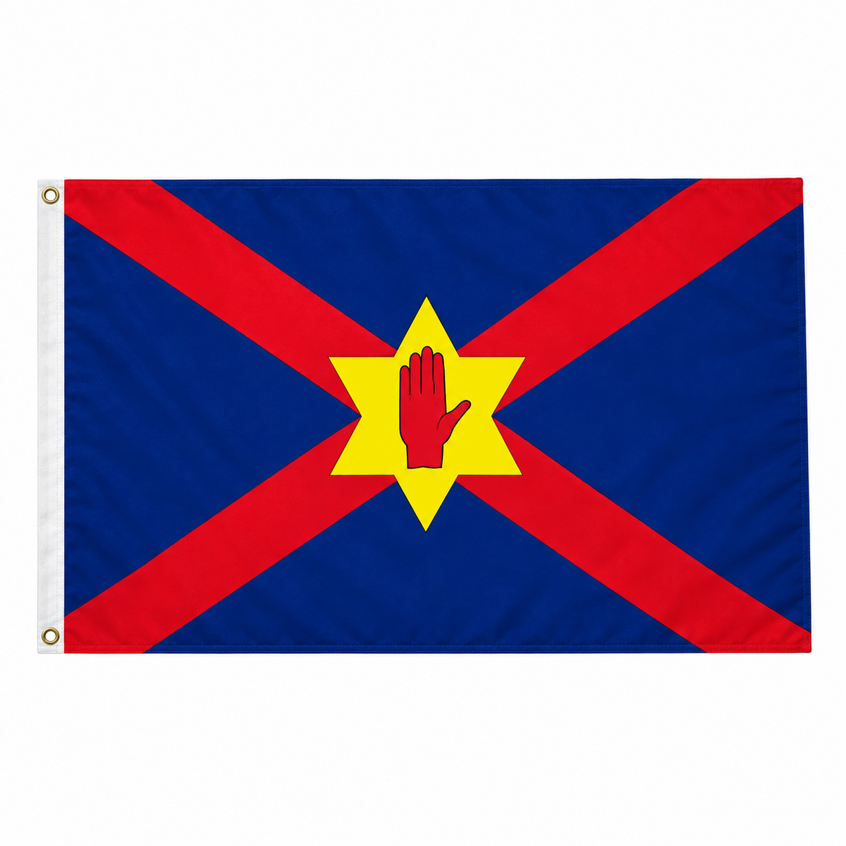Ulster Nationalist flag with red saltire and red hand in yellow six-pointed star on blue field