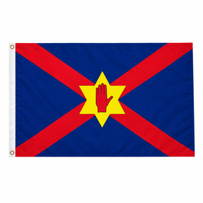 Ulster Nationalist flag with red saltire and red hand in yellow six-pointed star on blue field