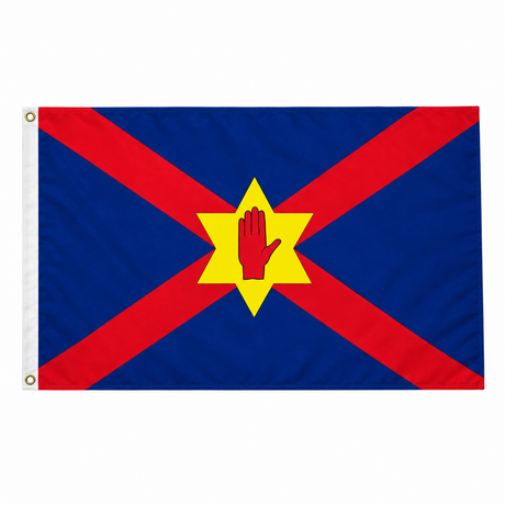 Ulster Nationalist flag with red saltire and red hand in yellow six-pointed star on blue field