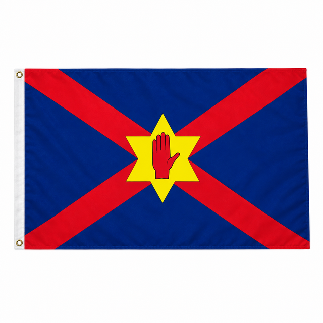 Ulster Nationalist flag with red saltire and red hand in yellow six-pointed star on blue field