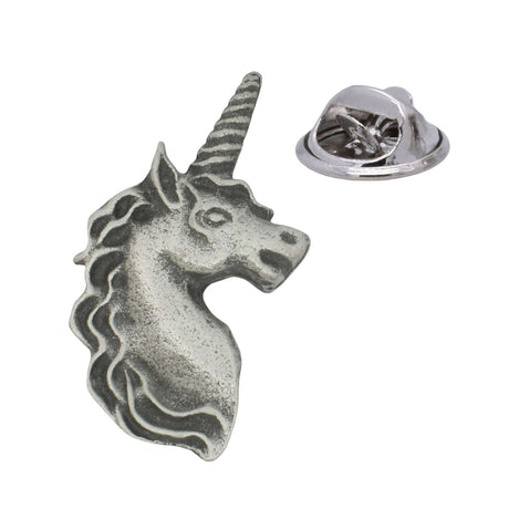 Unicorn head pewter lapel pin badge with spiralled horn and flowing mane, butterfly clutch fastening