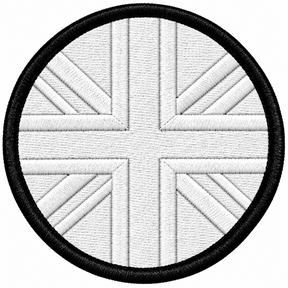 80mm round Union Jack embroidered patch in all white with a thick black border